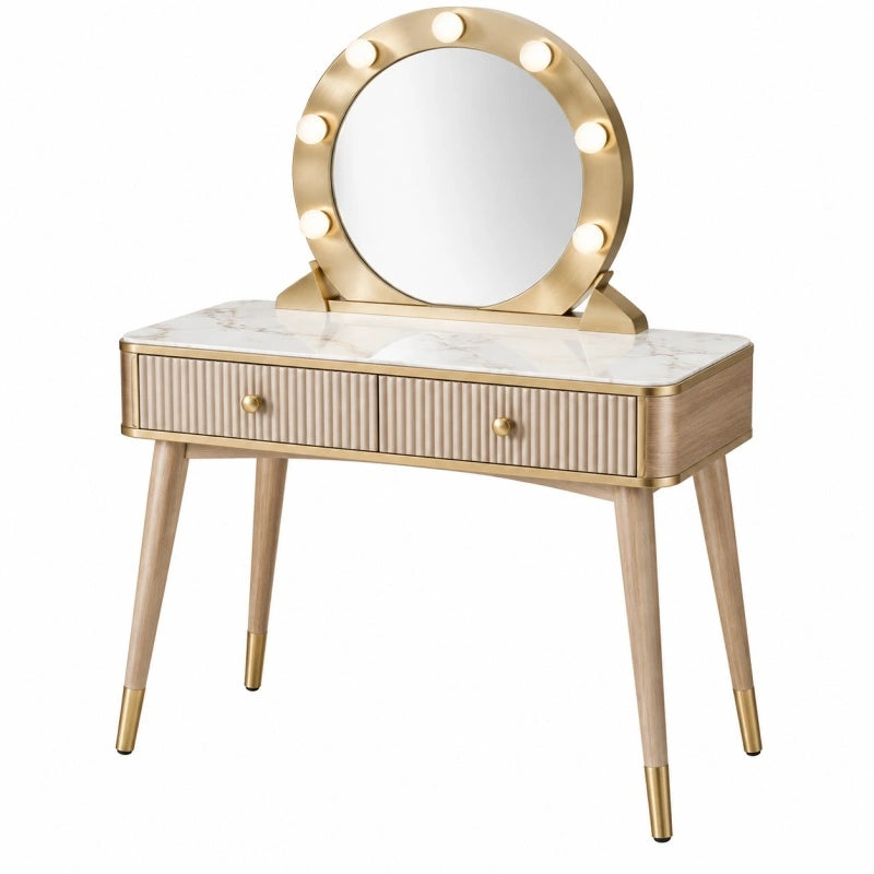 Schminktisch von Furniaurelia aus Holzwerkstoff in Weiß und Gold mit beleuchtetem Spiegel und Schubladen, Maße 100x45x140 cm