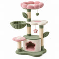 Furniaurelia Kratzbaum aus Plüsch und Sisal in Rosa, Grün und Creme mit Höhle, Liegeflächen und Spielbällen für Katzen