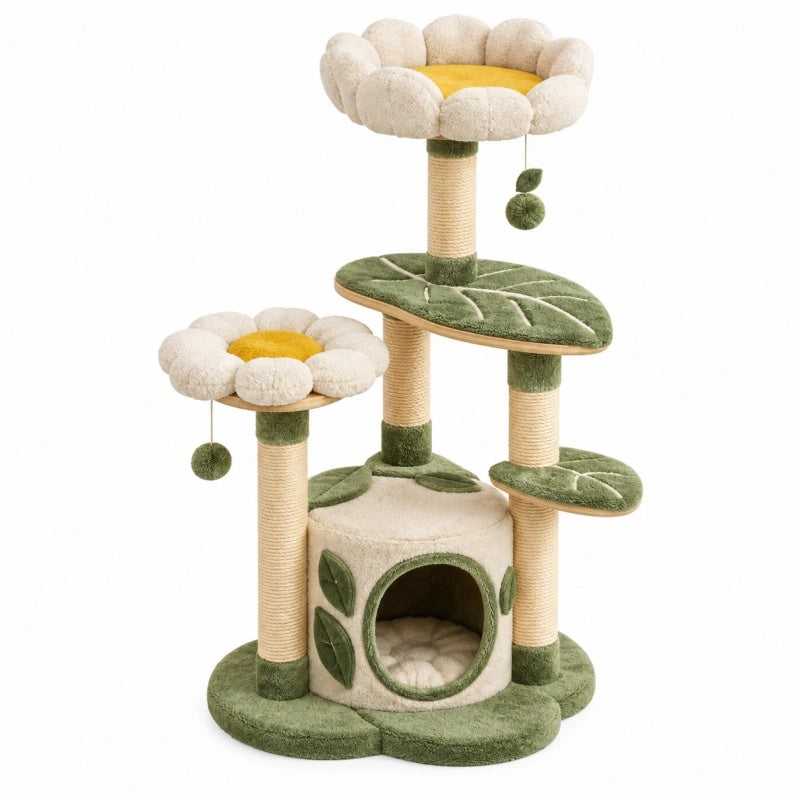 Grüner und beiger Kratzbaum aus Sisal und Plüsch, 115 cm hoch mit Liegeflächen für Katzen, von Furniaurelia