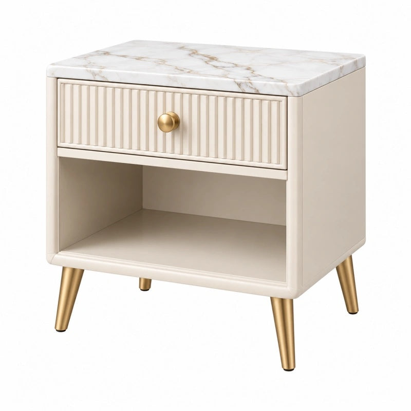 Nachttisch in Creme mit Marmoroptik und Schublade, Maße 45x40x55 cm, von Furniaurelia, stilvoll und modern gestaltet.