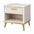 Heller Nachttisch von Furniaurelia mit Marmoroptik, Schublade und Maßen 50x40x60 cm in cremeweiß.