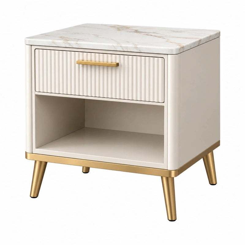 Heller Nachttisch von Furniaurelia mit Marmoroptik, Schublade und Maßen 50x40x60 cm in cremeweiß.