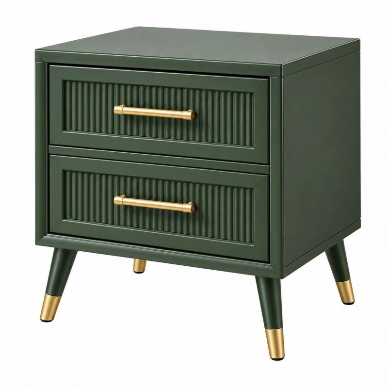 Dunkelgrüner Nachttisch aus Holzwerkstoff mit 2 Schubladen im Retro-Stil, Maße 50x40x60 cm, von Furniaurelia.