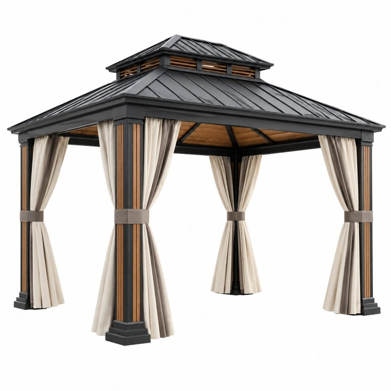 Schwarz-beiger Metall-Gartenpavillon mit 300x300 cm, inklusive Vorhängen, von Furniaurelia, wetterfest und ideal für den Außenbereich