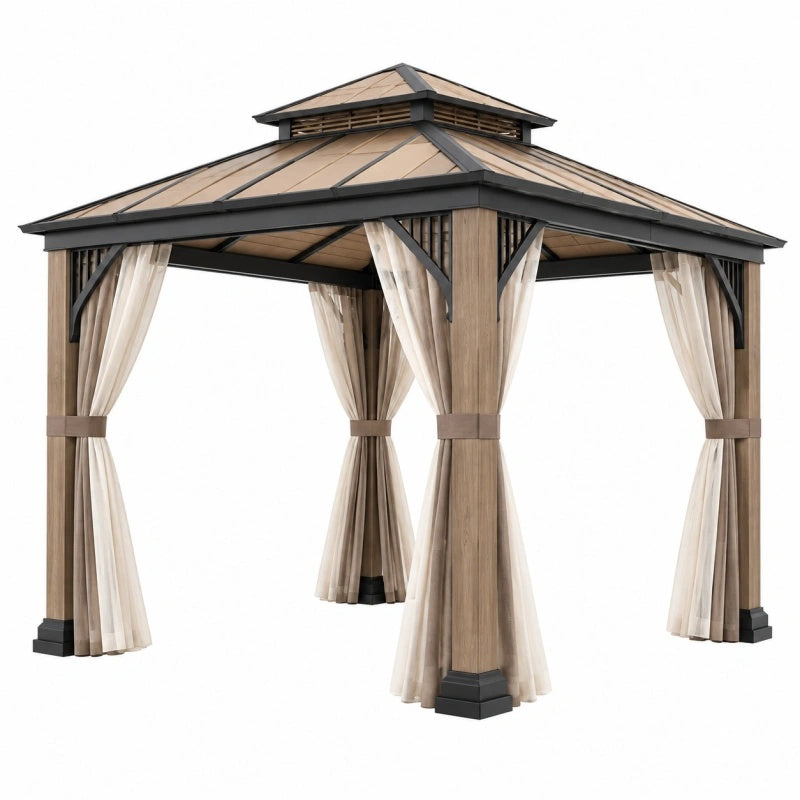 Gartenpavillon aus Metall und Polyester in Beige und Braun mit Vorhängen, Maße 300x300x290 cm, von Furniaurelia