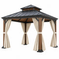 Metall-Pavillon 300x300x290 cm in Holzoptik beige und schwarz mit Vorhängen, Gartenpavillon von Furniaurelia