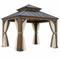 Gartenpavillon von Furniaurelia, 300x300 cm, Metallrahmen, anthrazitbraun mit Vorhängen und Walmdach im Garten