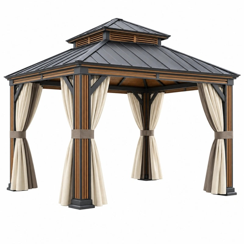 Gartenpavillon von Furniaurelia, 300x300 cm, Metallrahmen, anthrazitbraun mit Vorhängen und Walmdach im Garten