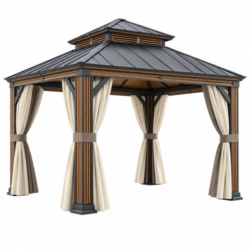 Gartenpavillon von Furniaurelia, 300x300 cm, Metallrahmen, anthrazitbraun mit Vorhängen und Walmdach im Garten
