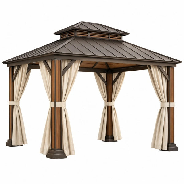 Metall Pavillon 300x300 cm in Braun-Beige mit Vorhängen und Hartdach, ideal für Garten und Terrasse, von Furniaurelia