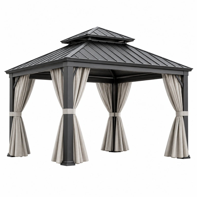 Stahl-Pavillon 300x300 cm in Anthrazit mit Vorhängen und Doppeldach, wetterfestes Gartendach von Furniaurelia