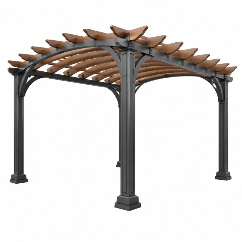 Pergola aus Metall und Holz in Anthrazit-Braun mit offenem Lamellendach, Maße 300 x 300 x 230 cm, von Furniaurelia