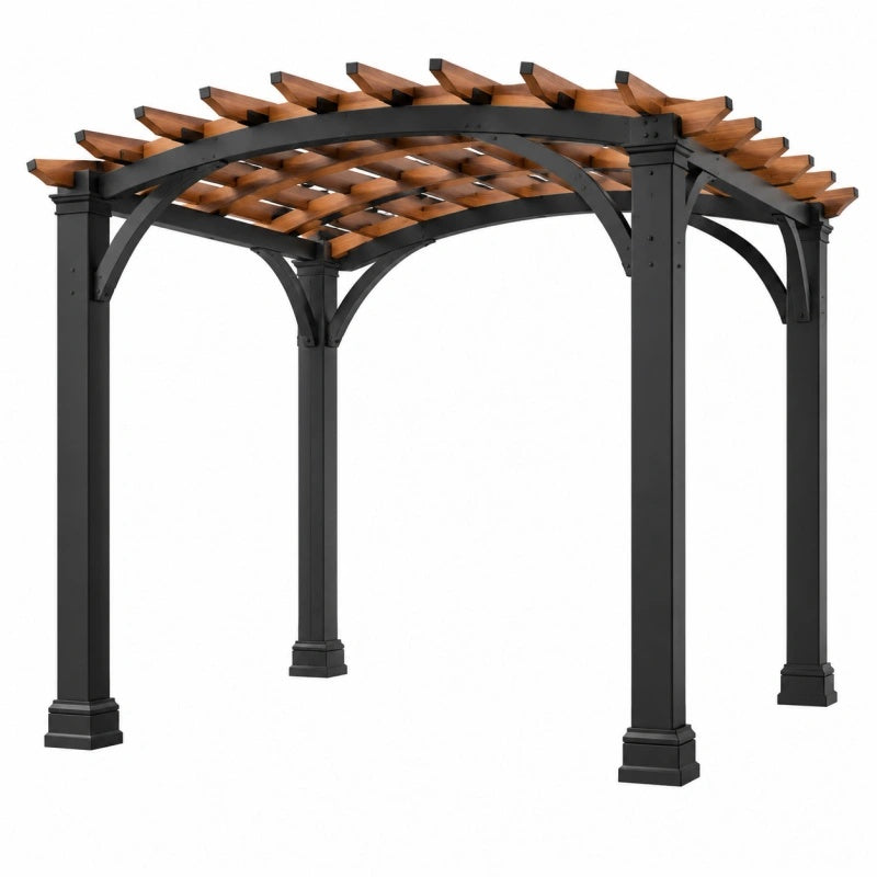 Stahl-Holz Pergola 300x300x240 cm in Schwarz und Braun mit Lamellendach für Garten, outdoor Möbel, Schutz und Schatten