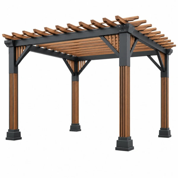 Braune Holz-Metall Pergola 300x300x250 cm für Garten, stabile Konstruktion mit schwarzem Metallrahmen und Holzlamellen.