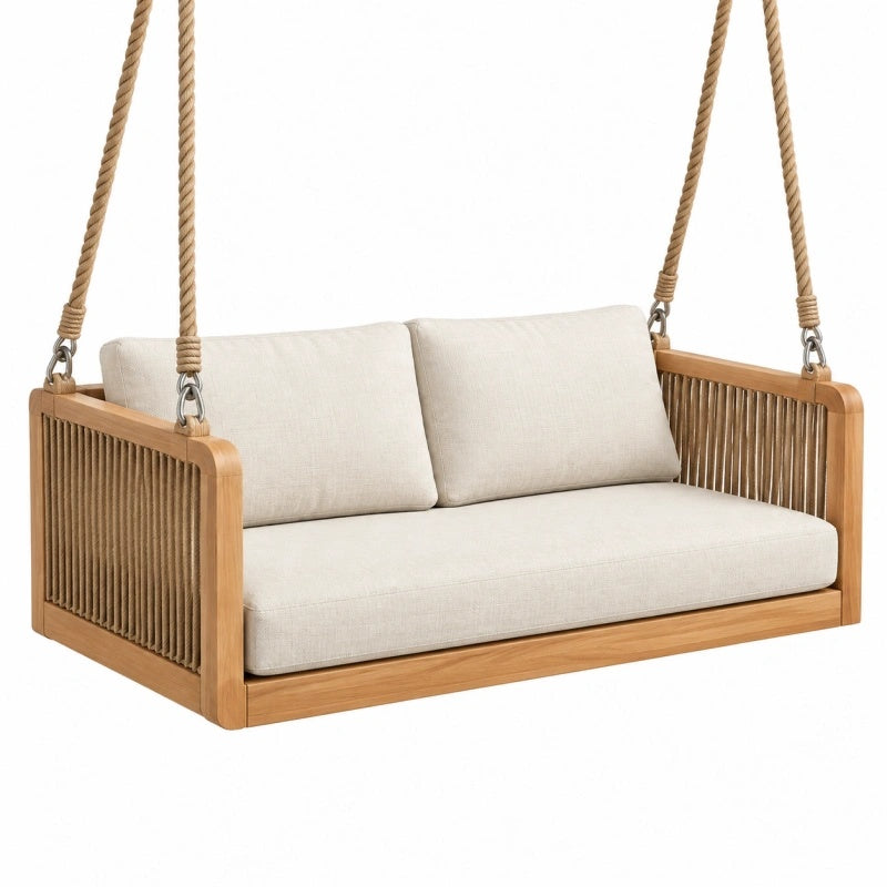 Holz-Hängesofa in Naturbeige, 130x75x55 cm, für den Außenbereich, Schaukelbank von Furniaurelia, gemütliche Sitzgelegenheit.