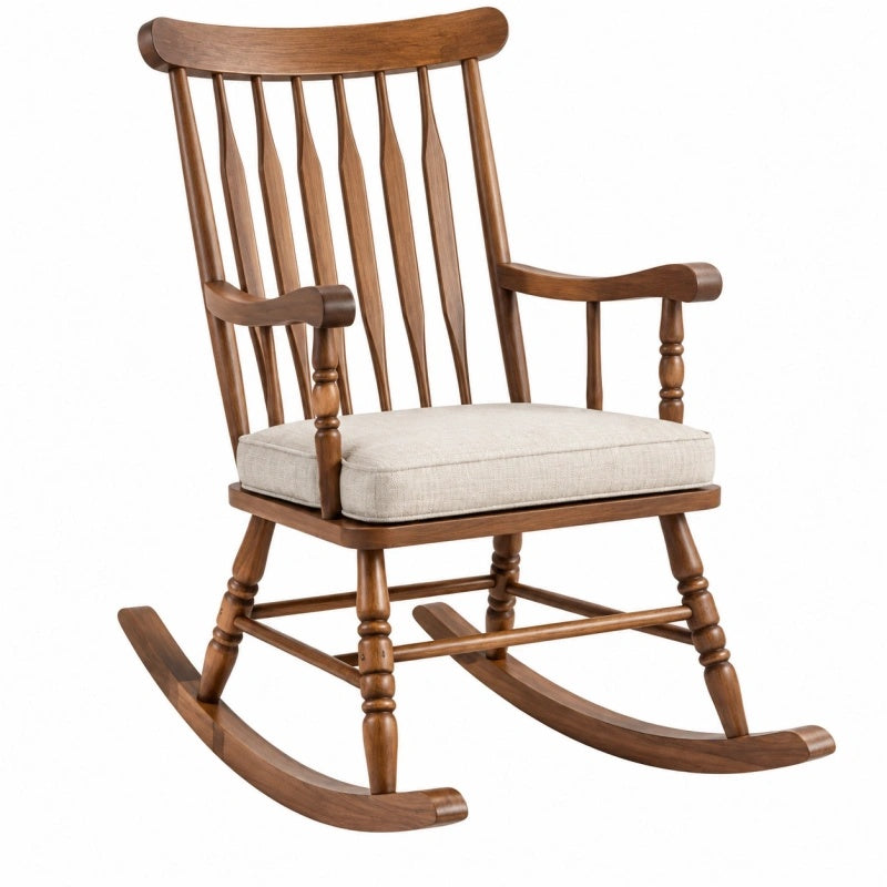 Brauner Holz-Schaukelstuhl von Furniaurelia mit Textilsitz im Landhausstil, Maße 70x90x110 cm, gemütlich und stilvoll.