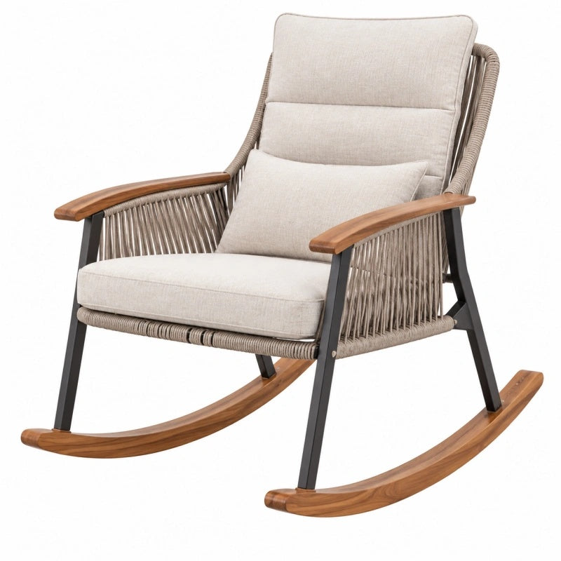 Beiger und brauner Schaukelstuhl von Furniaurelia mit Holz, Metall und Seilgeflecht, für Terrasse, Maße 92x74x101 cm