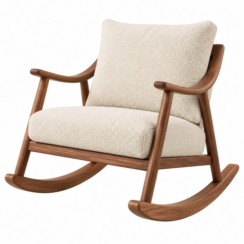 Holz-Schaukelstuhl in Creme und Braun mit Bouclé-Bezug, 75 x 70 x 95 cm, bequemes Sitzmöbel von Furniaurelia