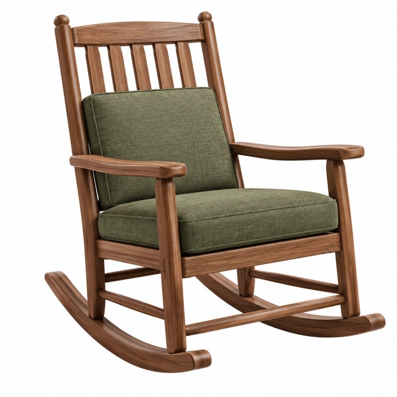Holz-Schaukelstuhl von Furniaurelia mit grüner Textilpolsterung, typisch klassisches Design, Maße 105x68x105 cm.