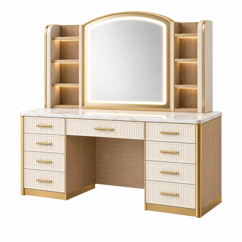Weißer Schminktisch von Furniaurelia mit Naturholzelementen, LED-Spiegel, Schubladen und Ablagen, Maße 120x45x150 cm.
